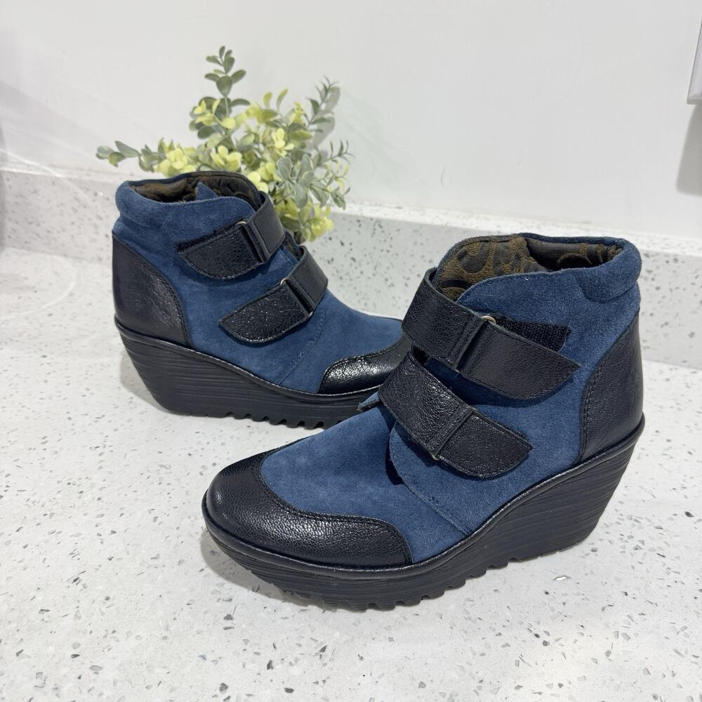 Fly London Yugo Suede Wedge Booties Blue Leather 38